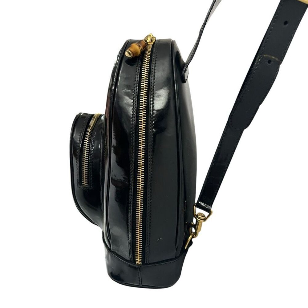 GUCCI Patent Leather Backpack Black Two Way w Strap Messenger Bag Bamboo Handle - Picture 4 of 12